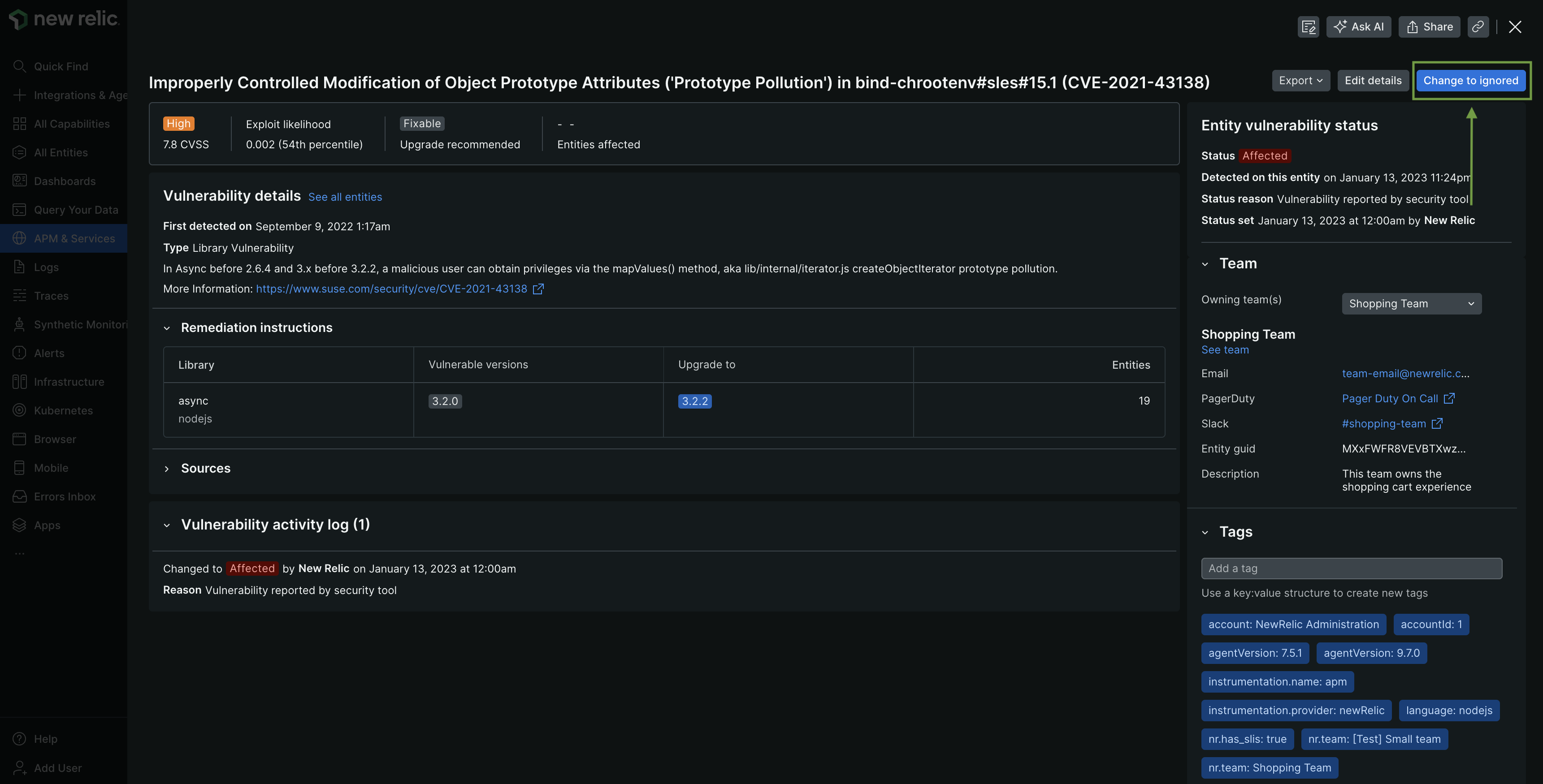 An image showing the change to ignored button on vulnerability instance details page