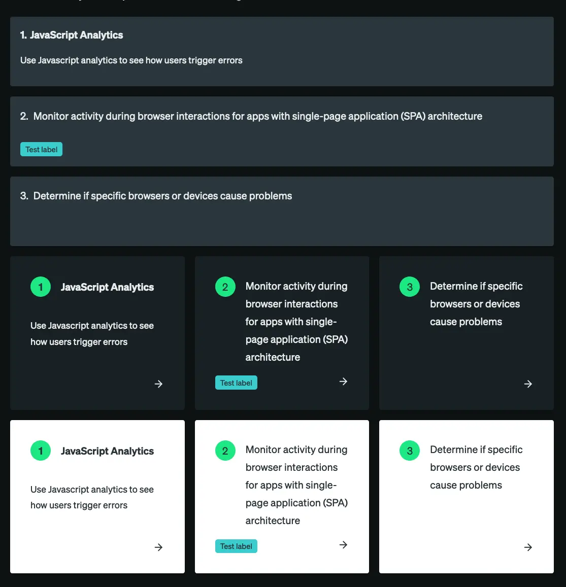 A screenshot displaying the different tile variants used by New Relic docs