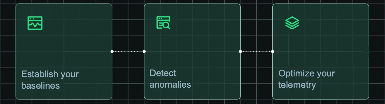 A diagram displaying the path for setting up data ingest governance with New Relic. The path is 1. Baseline your data, 2. detect anomalies, and 3. optimize your telemetry