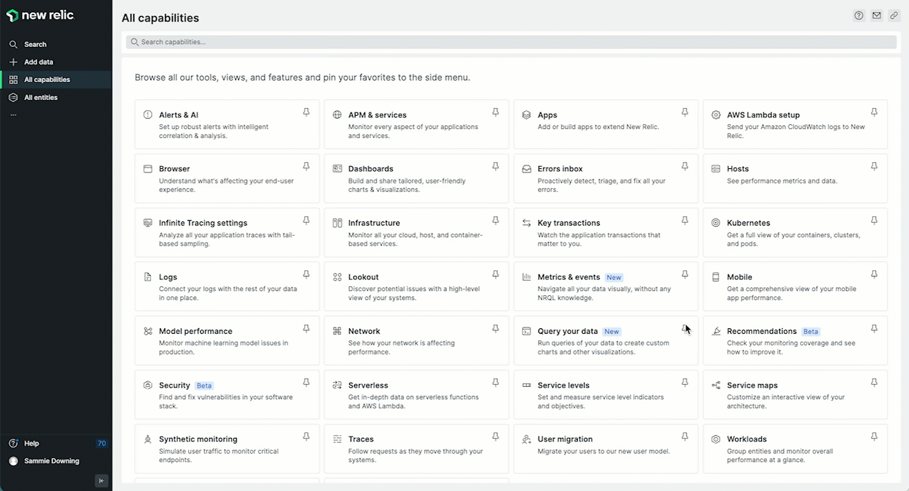 A gif showing how to pin New Relic capabilities.