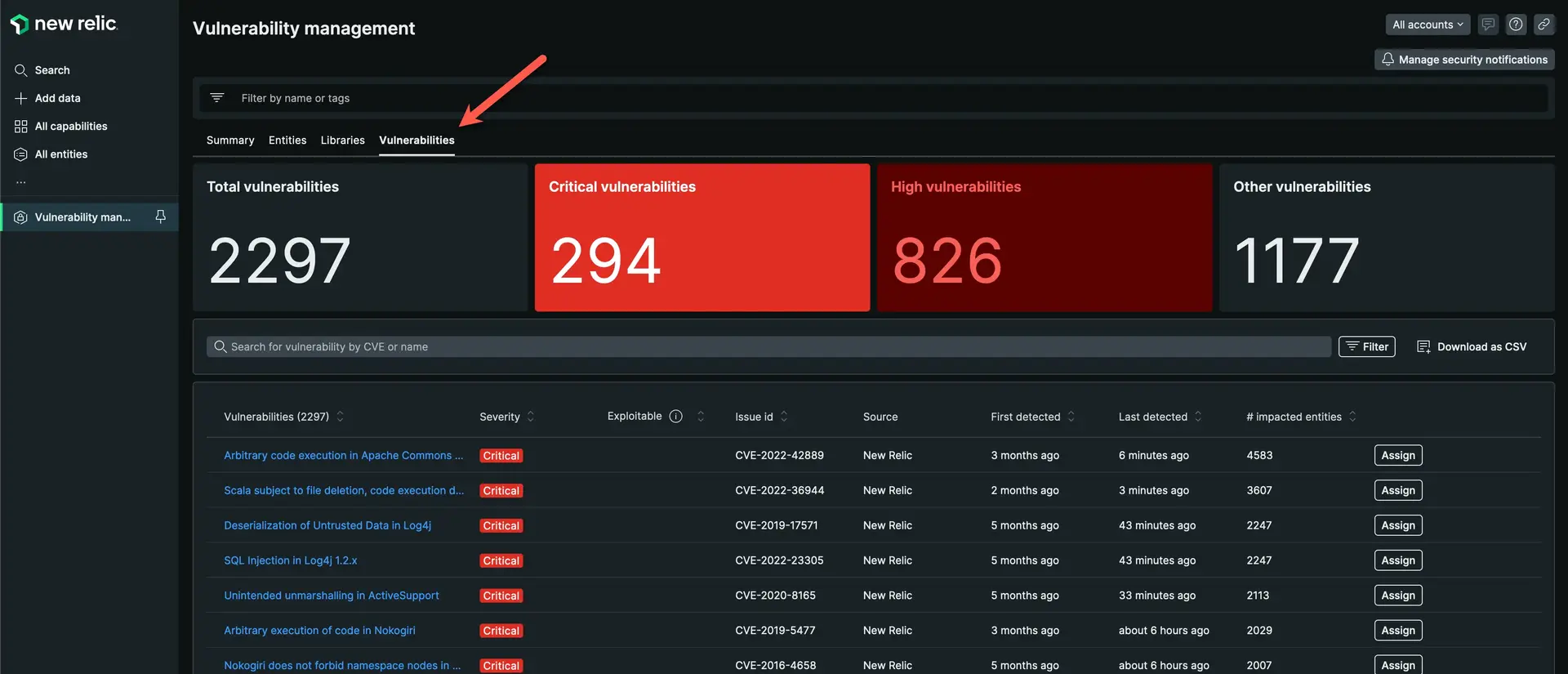 An image showing the Vulnerability Management table page.