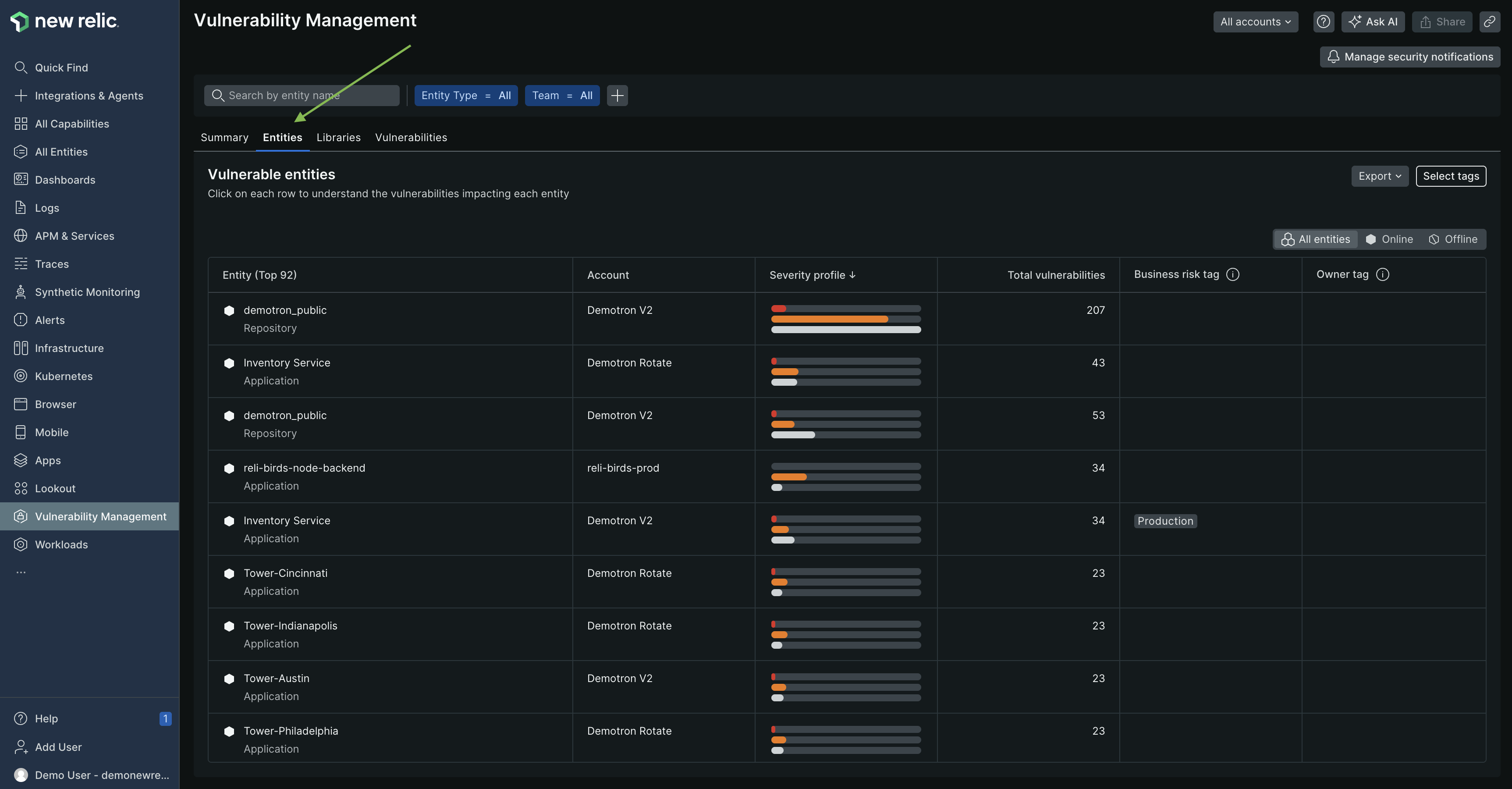 An image showing the entity Vulnerability Management table page.