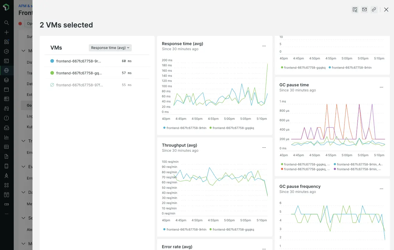 Comparison view with timeseries charts, showing Go runtime instances with different throughput rates, as well as different garbage collection behavior