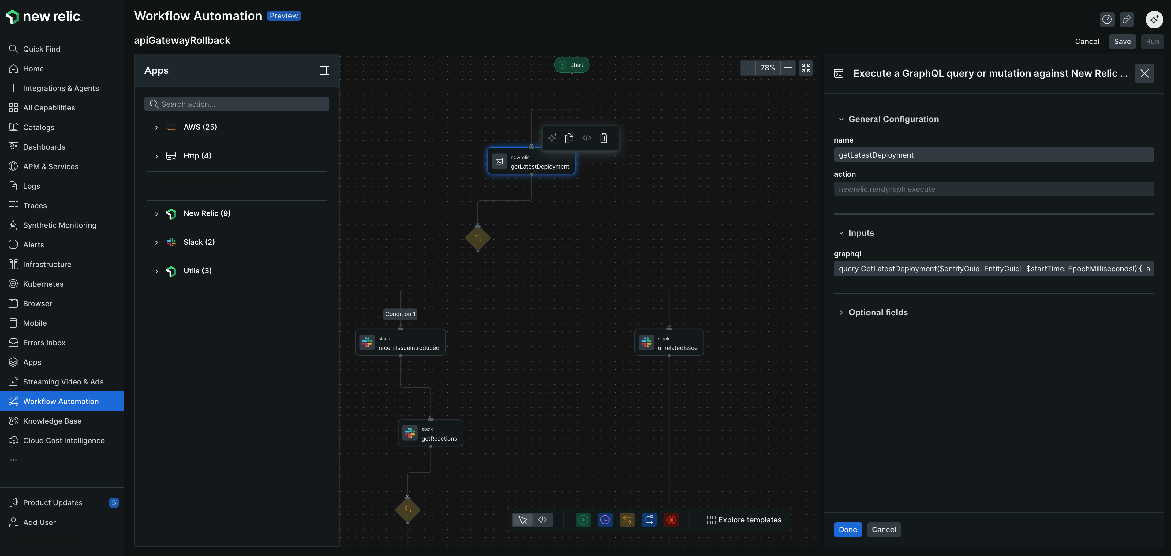 Create and manage workflows in New Relic Screenshot showing the workflow automation interface