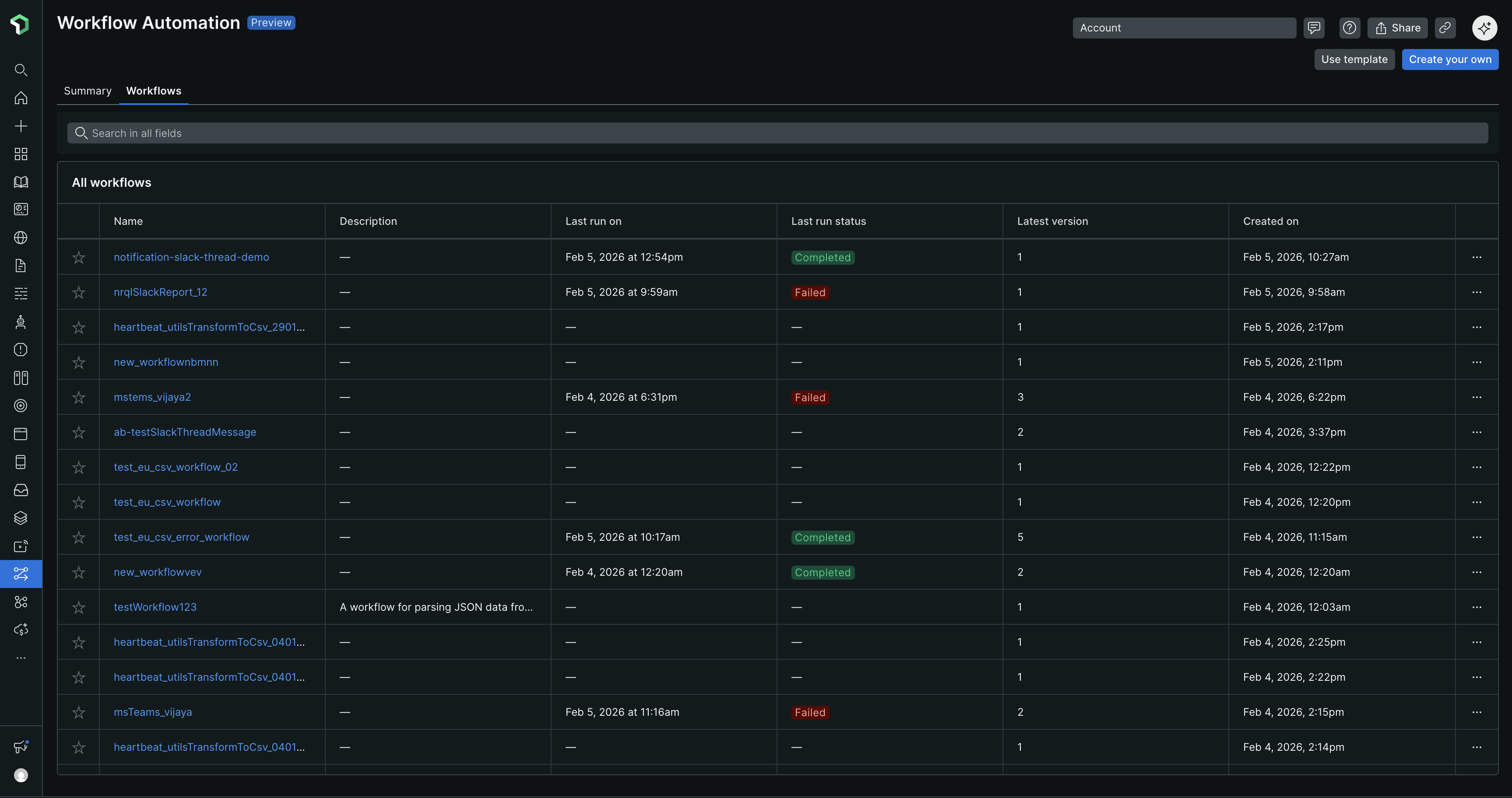 Image of the workflows tab in the Workflow Automation dashboard showing workflow details and actions Image of the workflows tab in the Workflow Automation dashboard showing workflow details and actions