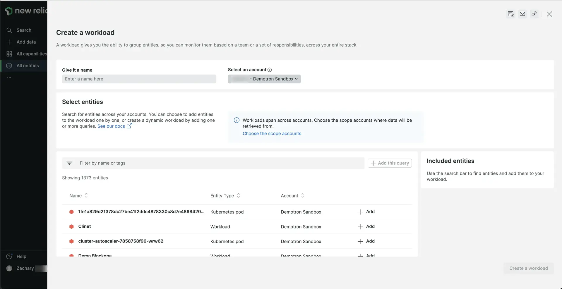 New Relic - workload creation UI