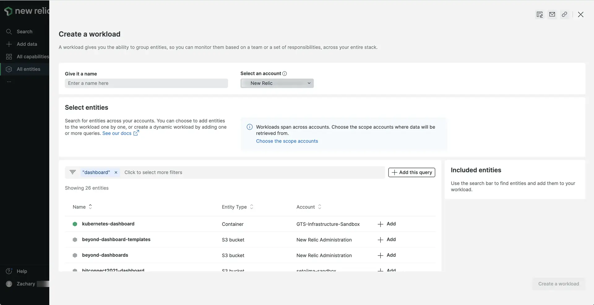 New Relic workloads - add dashboards