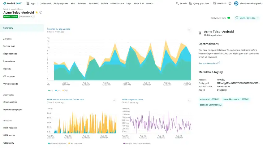 New Relic One mobile summary