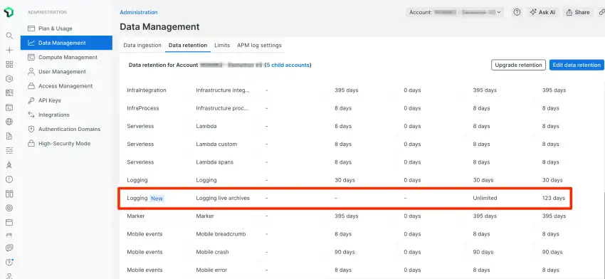 Screenshot of the retention management UI, showing live archives