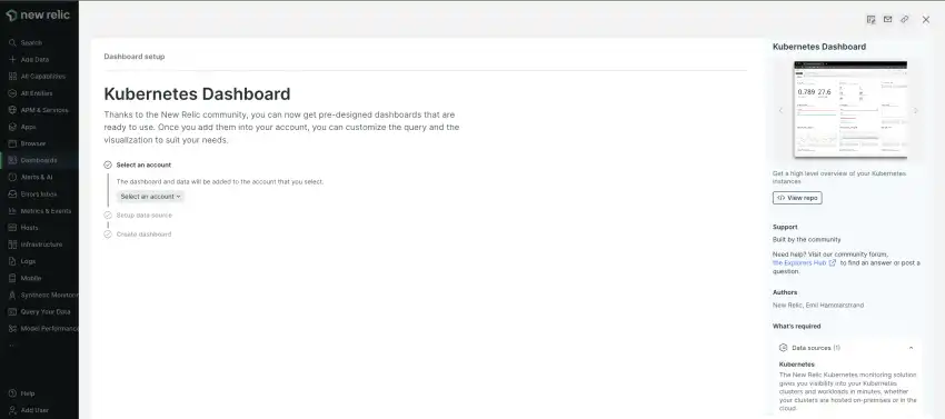 Guided installation process for a quickstart dashboard.