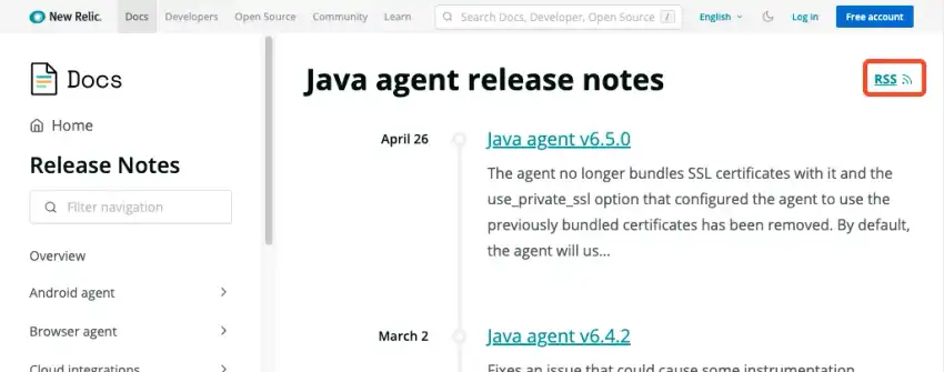 Java agent RSS feed on the release notes page