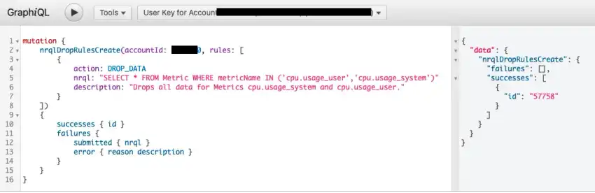 Screenshot showing a query in NerdGraph to drop metrics.