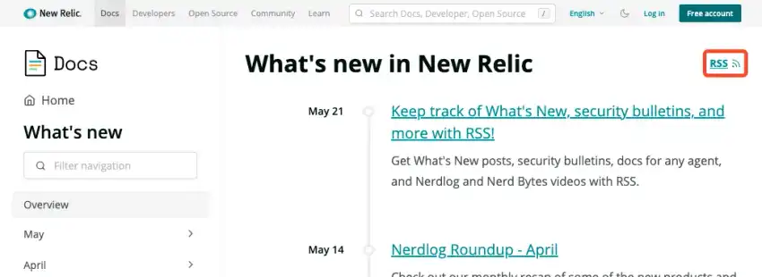 RSS feed link on the What's New page