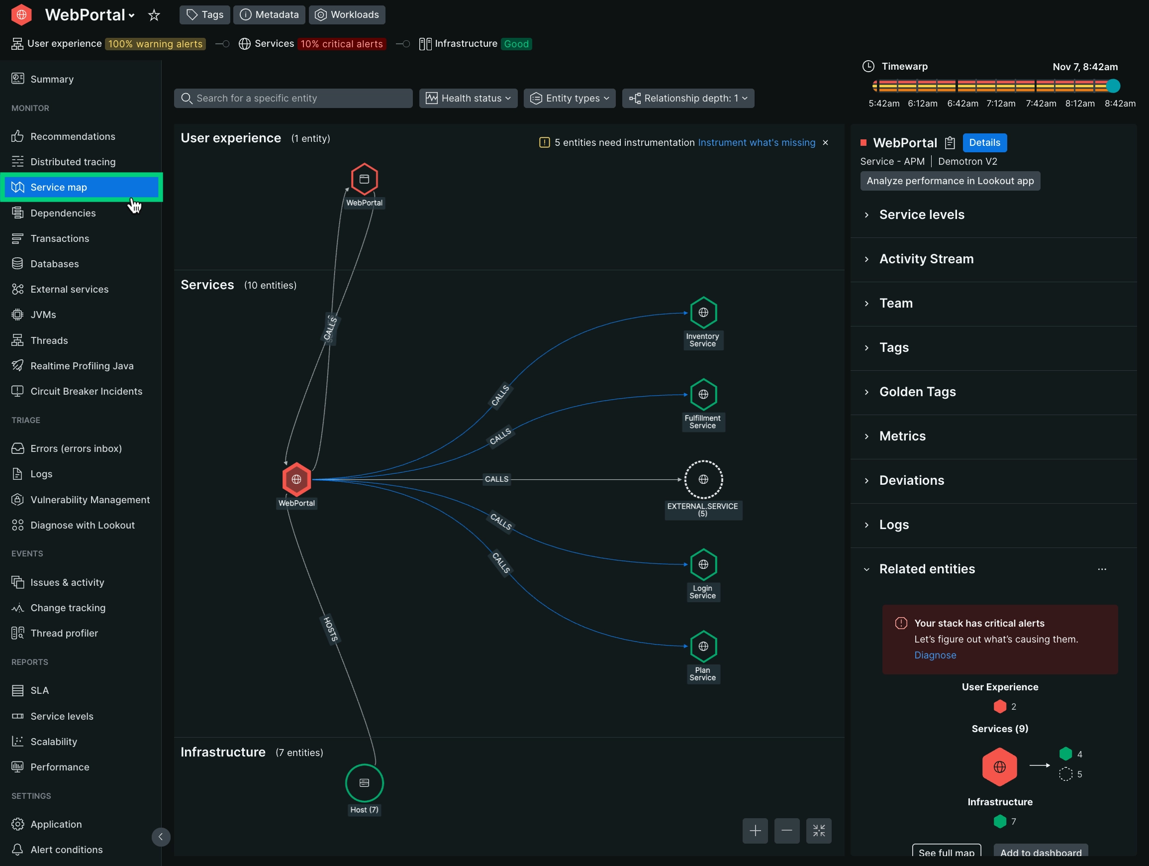A screenshot of the service map experience. The screenshot shows a UI separated by white lines into three tiers. They're ordered vertically with user experience as the top tier, services as the second tier, and infrastructure as the third tier.