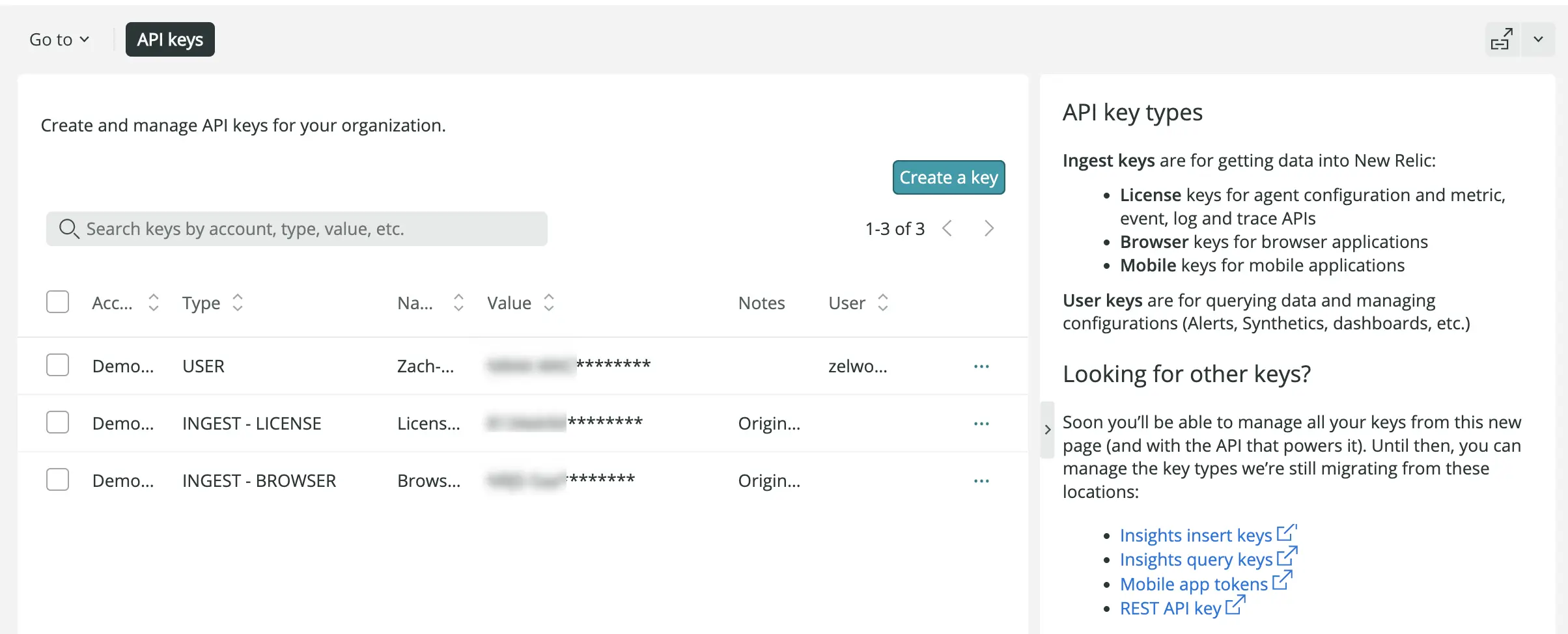 Screenshot of the API keys UI