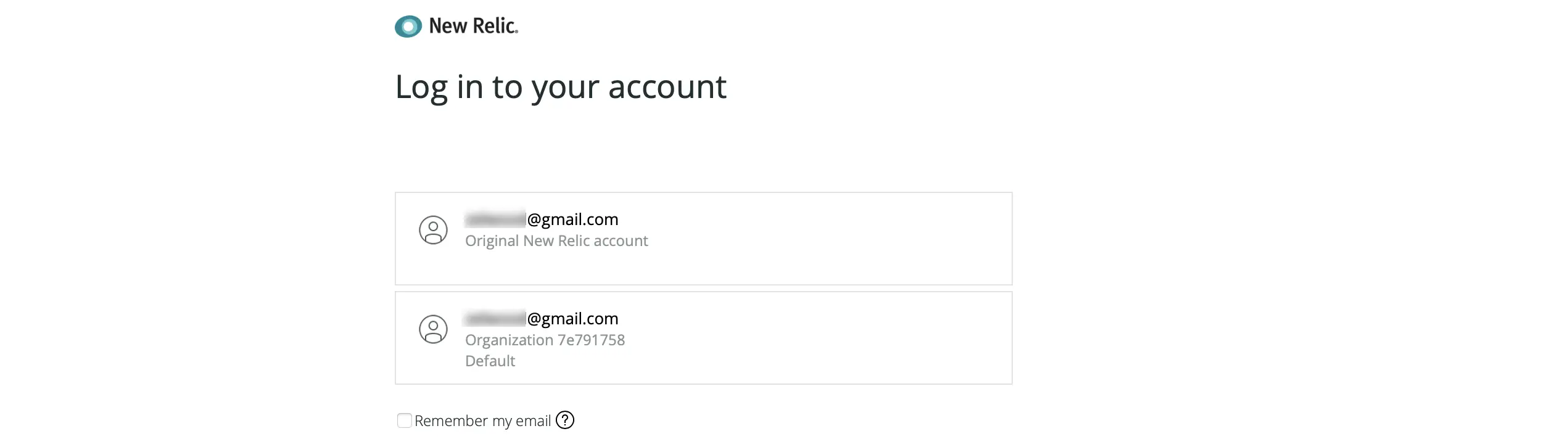 A screenshot of what is shown when you have an email address associated with multiple New Relic logins