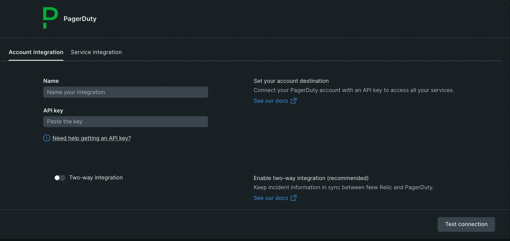 A screenshot of a PagerDuty account-level destination configuration