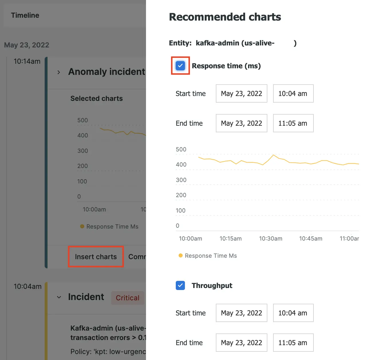 A screenshot of recommended charts for a specific postmortem event.