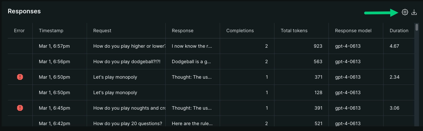 A cropped screenshot displaying the response table from the AI responses view