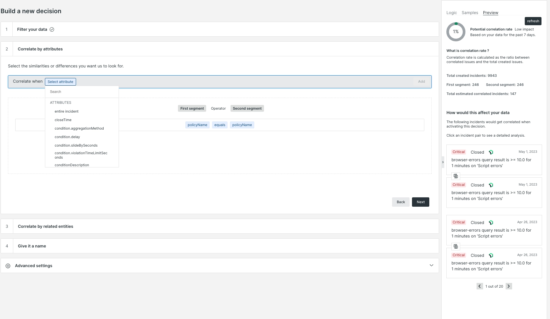A screenshot of the basic decision builder: correlate by attributes