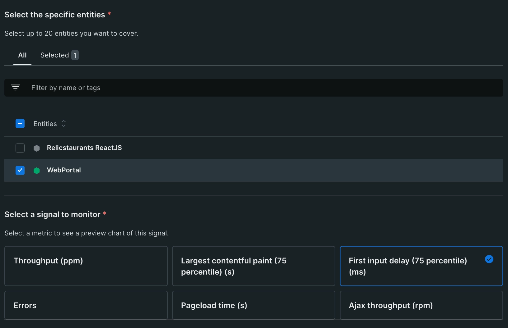A screenshot displaying the entities selection screen for golden metrics alerts