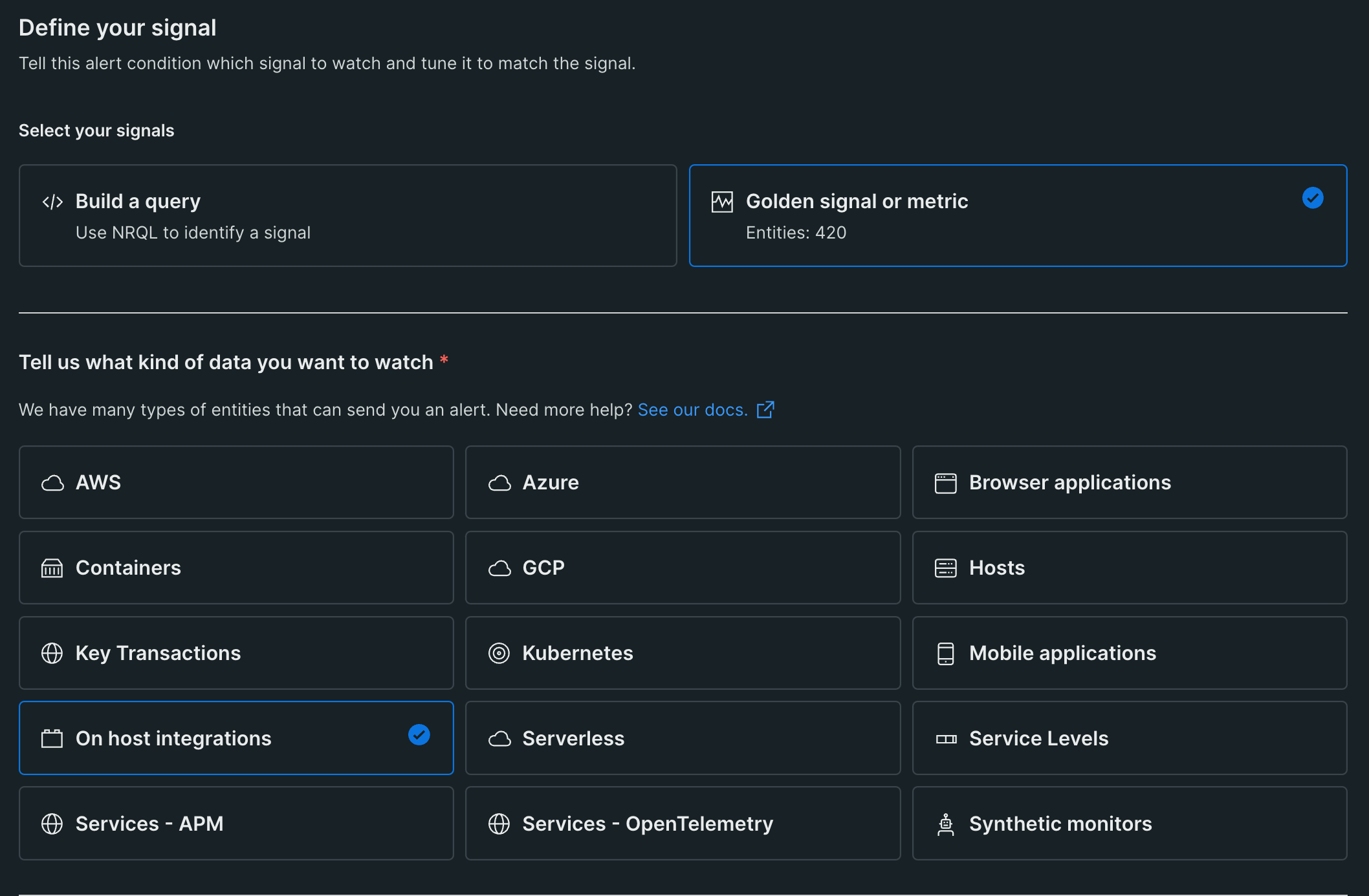 A screenshot displaying the golden metrics alert creation option