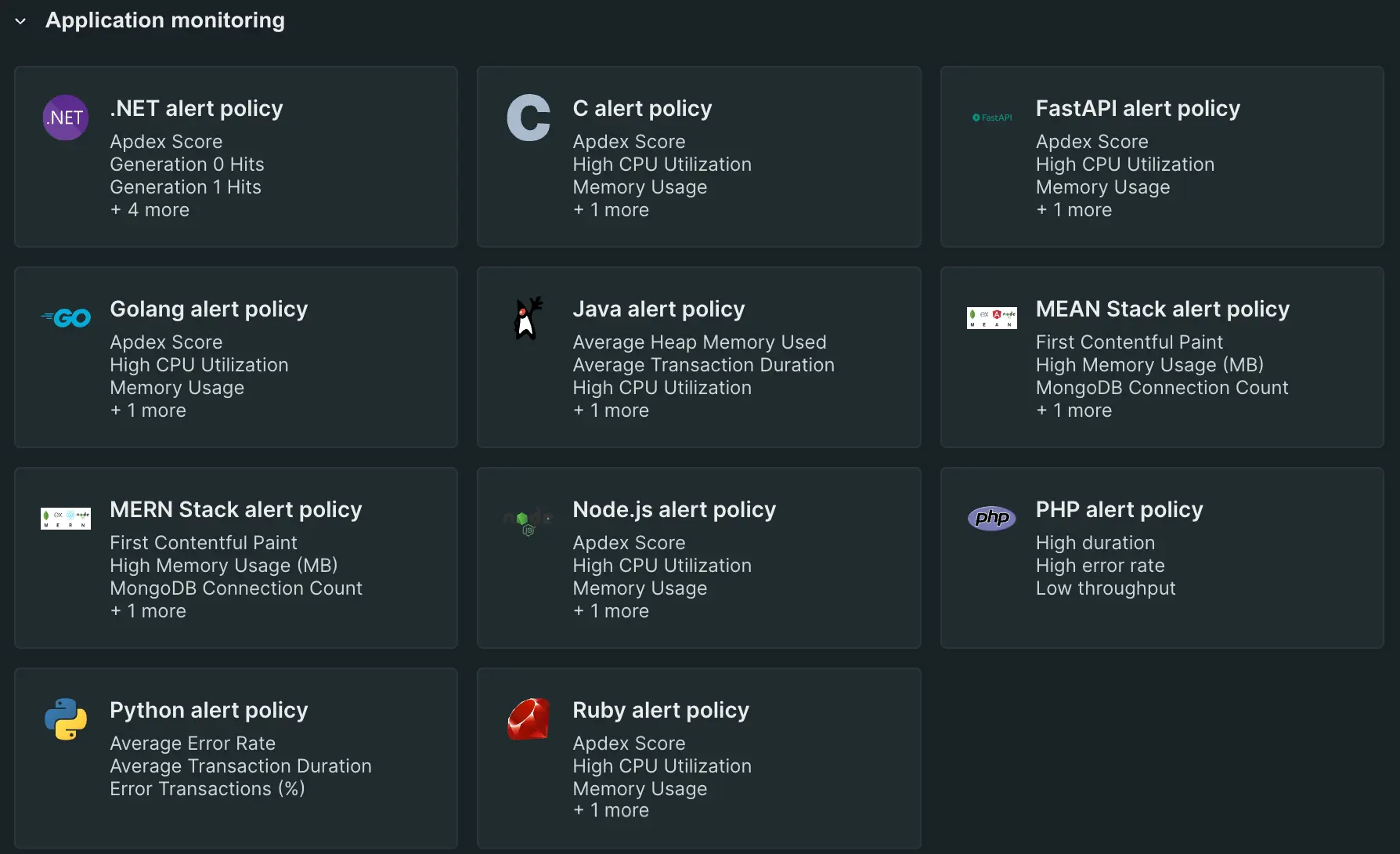 An image displaying some of New Relic's premade alerts