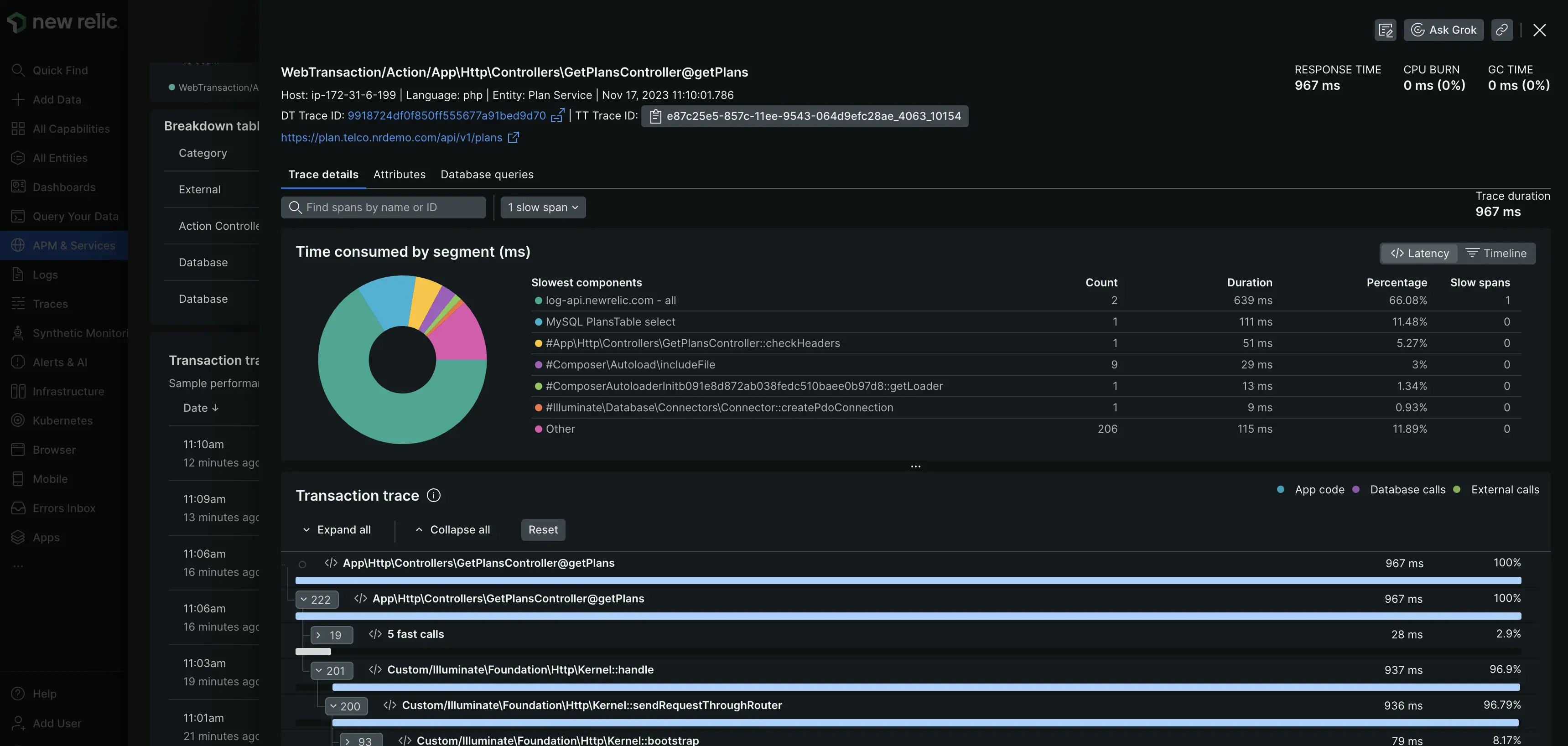 A screenshot depiciting the transaction trace details view.