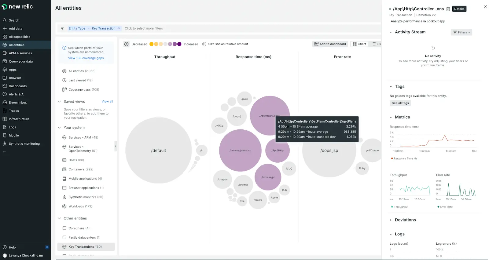 A screenshot depicting New Relic Lookout and key transactions.