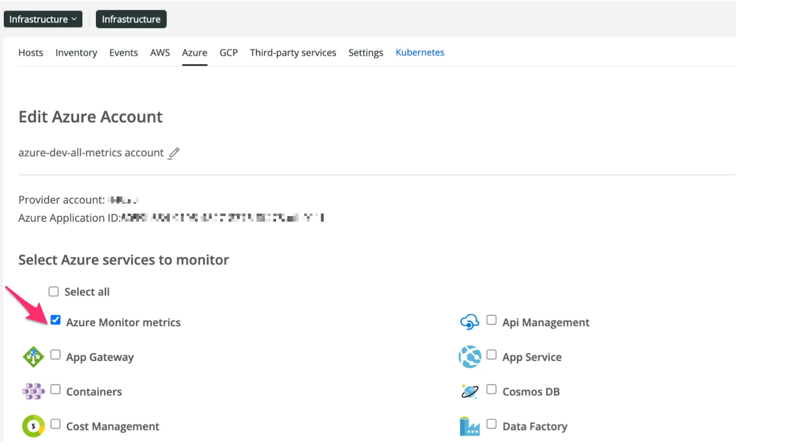 Shows where to select azure monitor