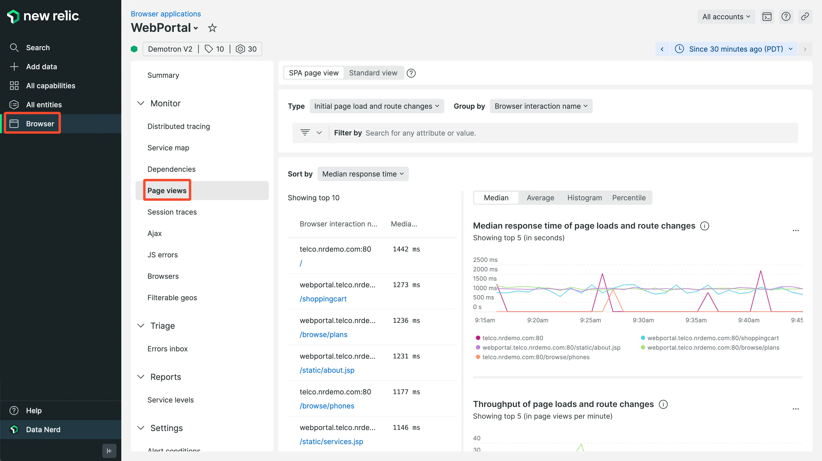 A screenshot of the Page views UI in New Relic