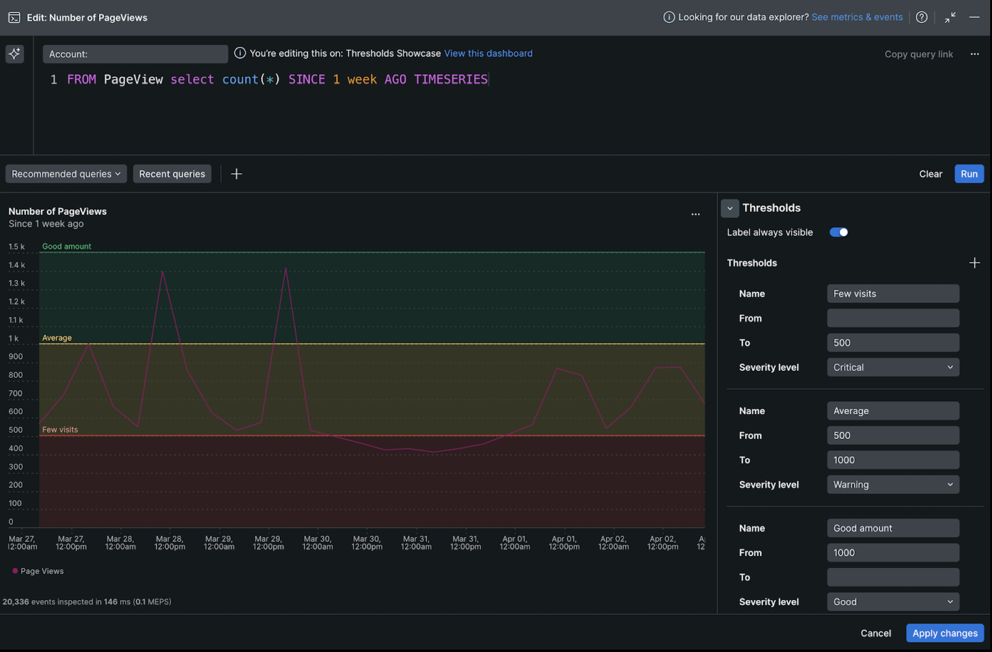 Screenshot of how to configure thresholds in a time series chart