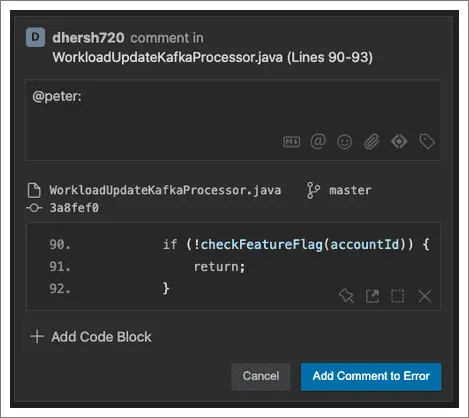 A screenshot of a comment with the most recent code contributor automatically mentioned.