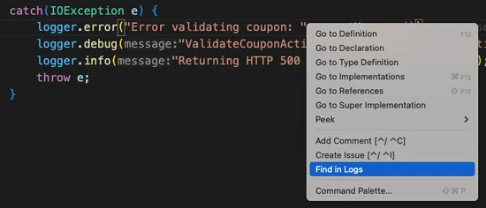 A screenshot of the Find in logs context menu option.