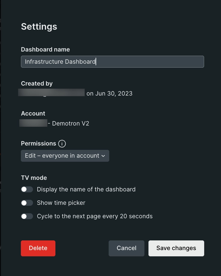 Dashboards: Settings options