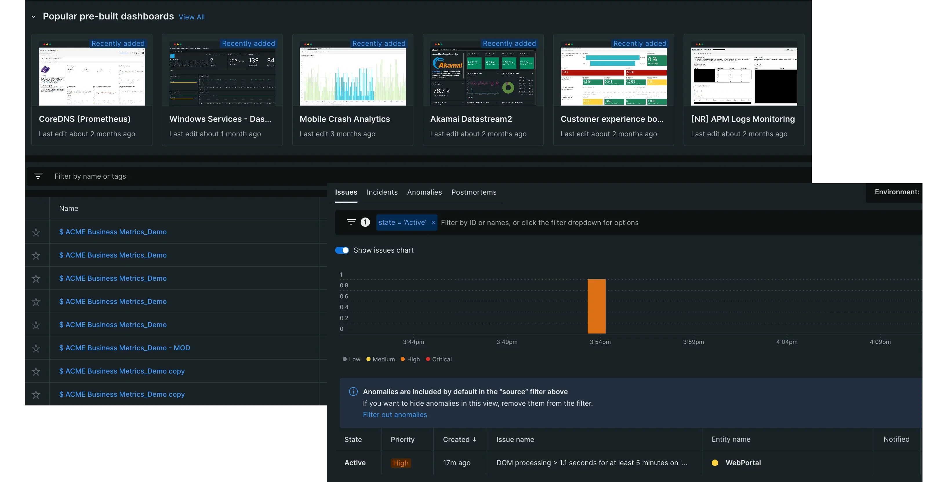 A screenshot showing parts of New Relic's alert monitor and dashboards