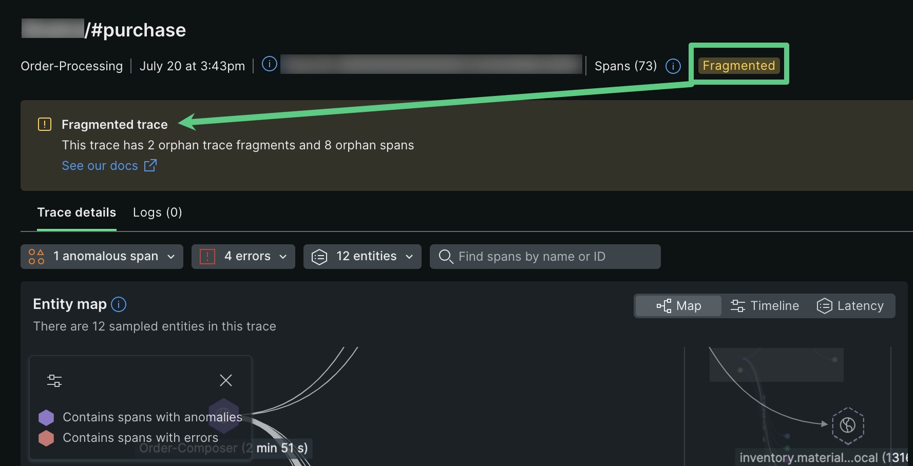 Screenshot showing how to locate a fragmented trace