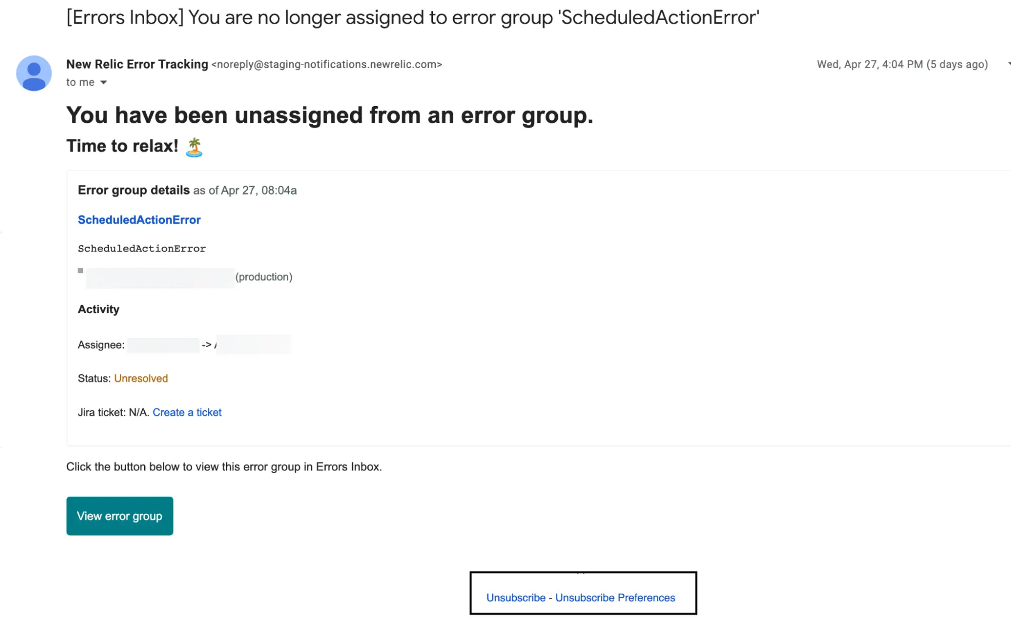 A screenshot of an example email someone sees when they're unassigned from an error group. 