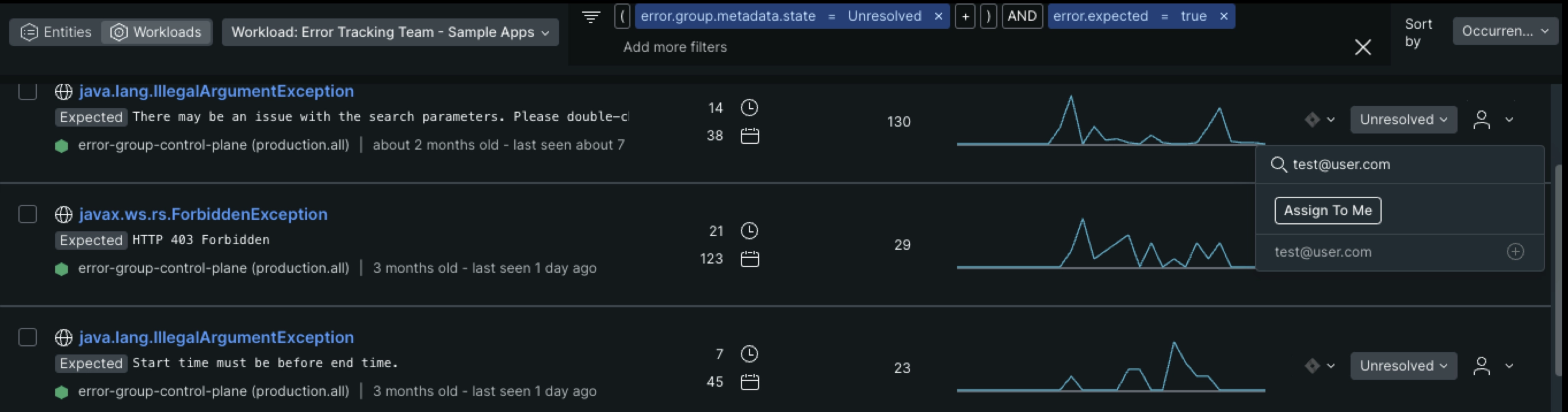A screenshot that highlights the right side of an error group where the assigned user dropdown is. 