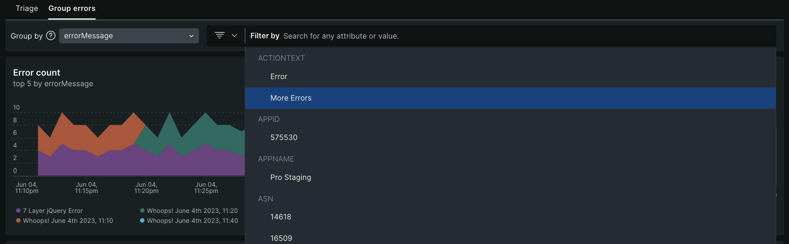 A screenshot depicting the browser group errors list view. 