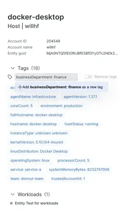 Adding a “businessDepartment: finance” tag to the docker-desktop host.