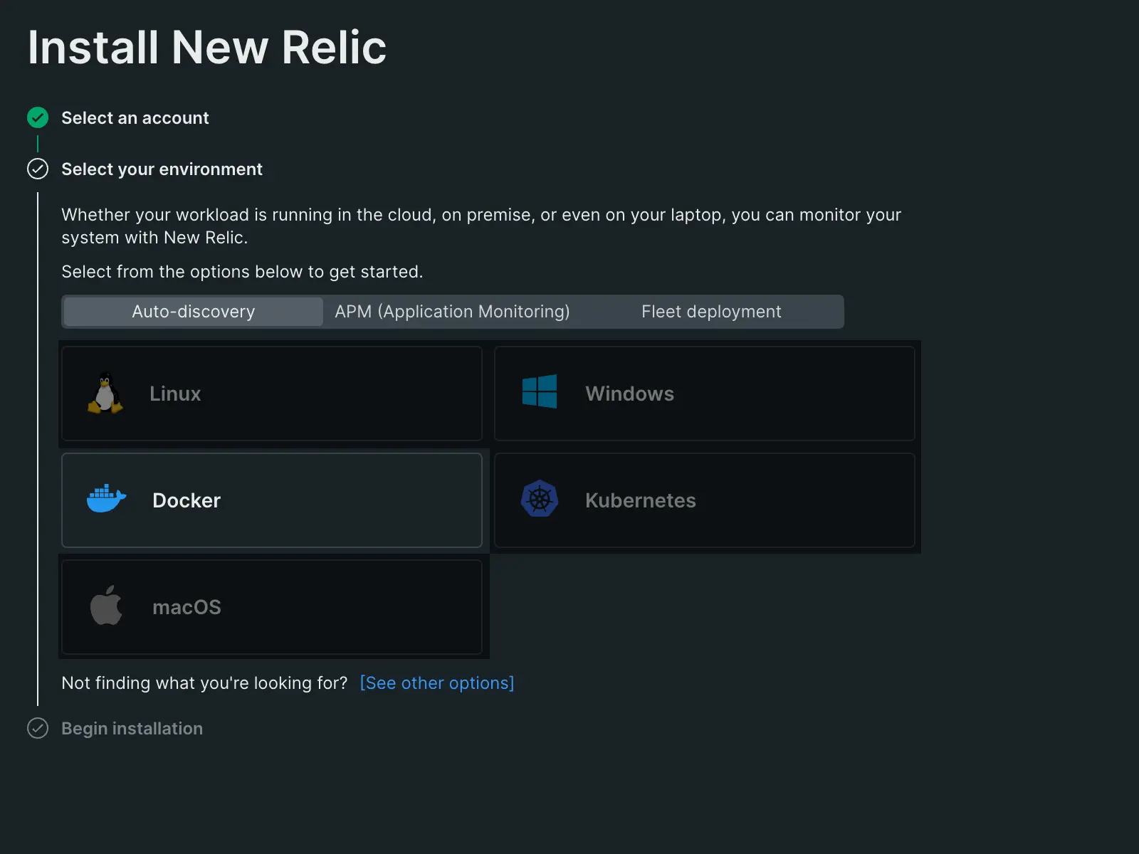 An image displaying New Relic's guided installation for Docker