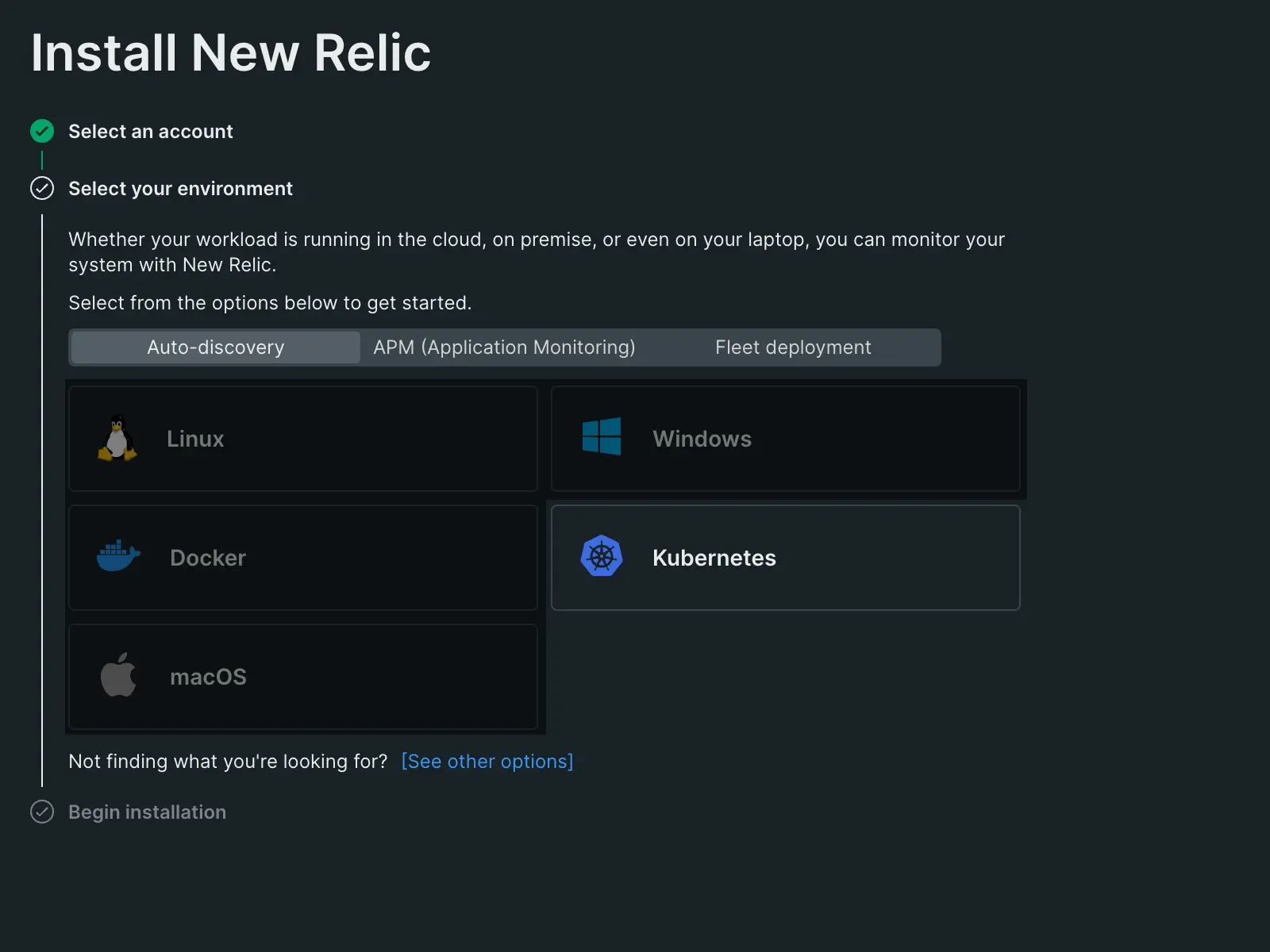 An image displaying New Relic's guided installation for Kubernetes