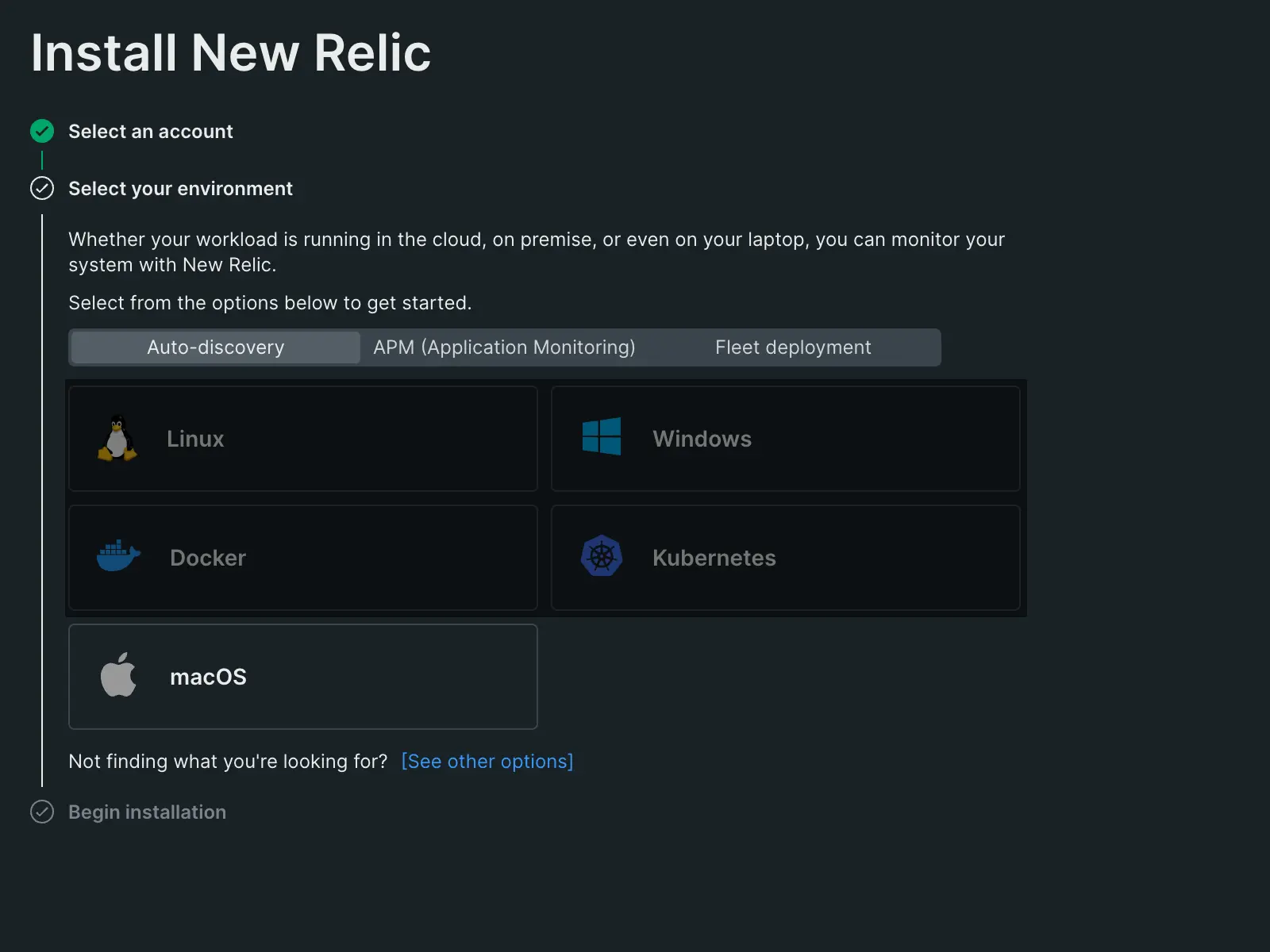 An image displaying New Relic's guided installation for macOS