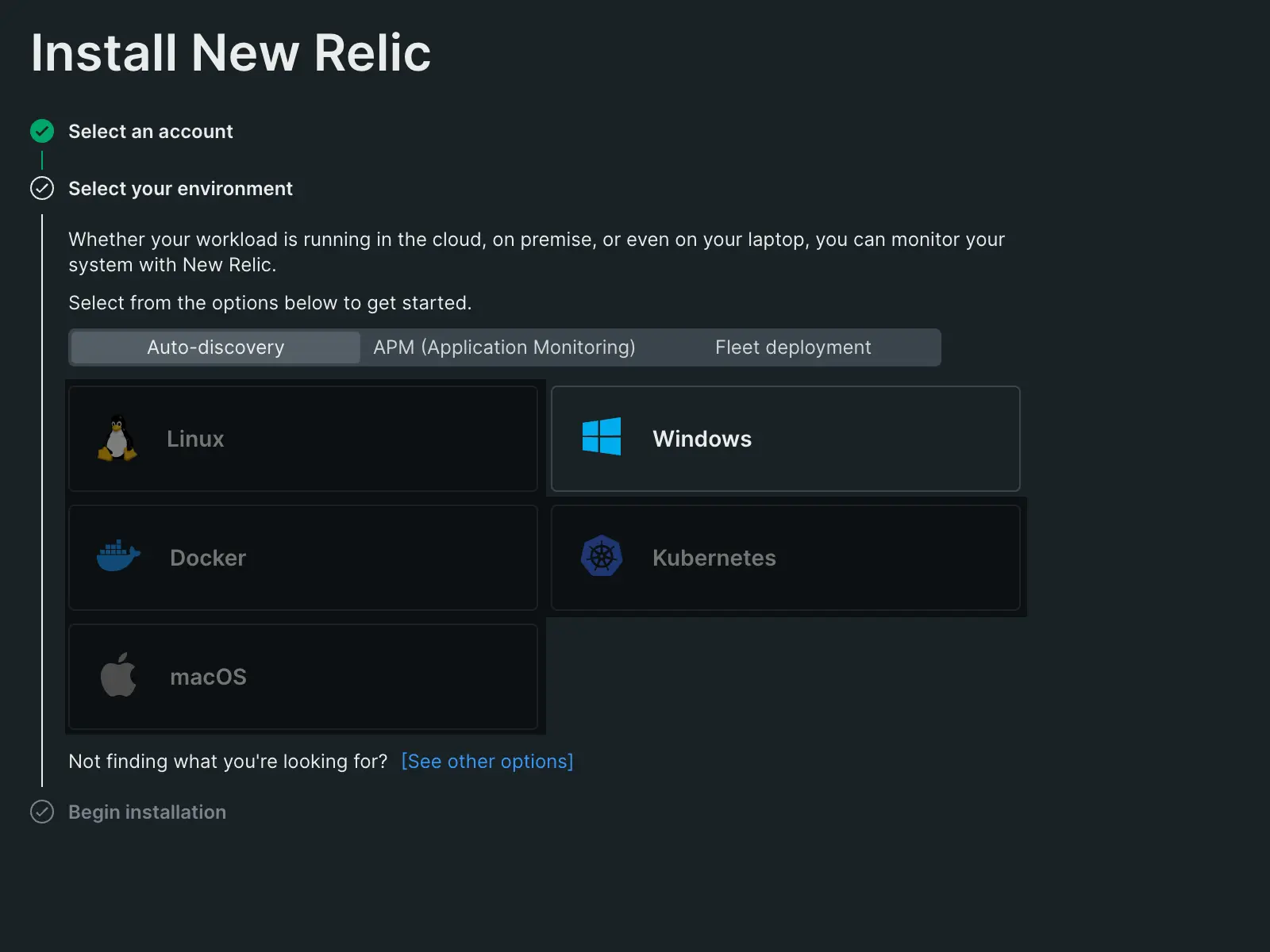 An image displaying New Relic's guided installation for Windows