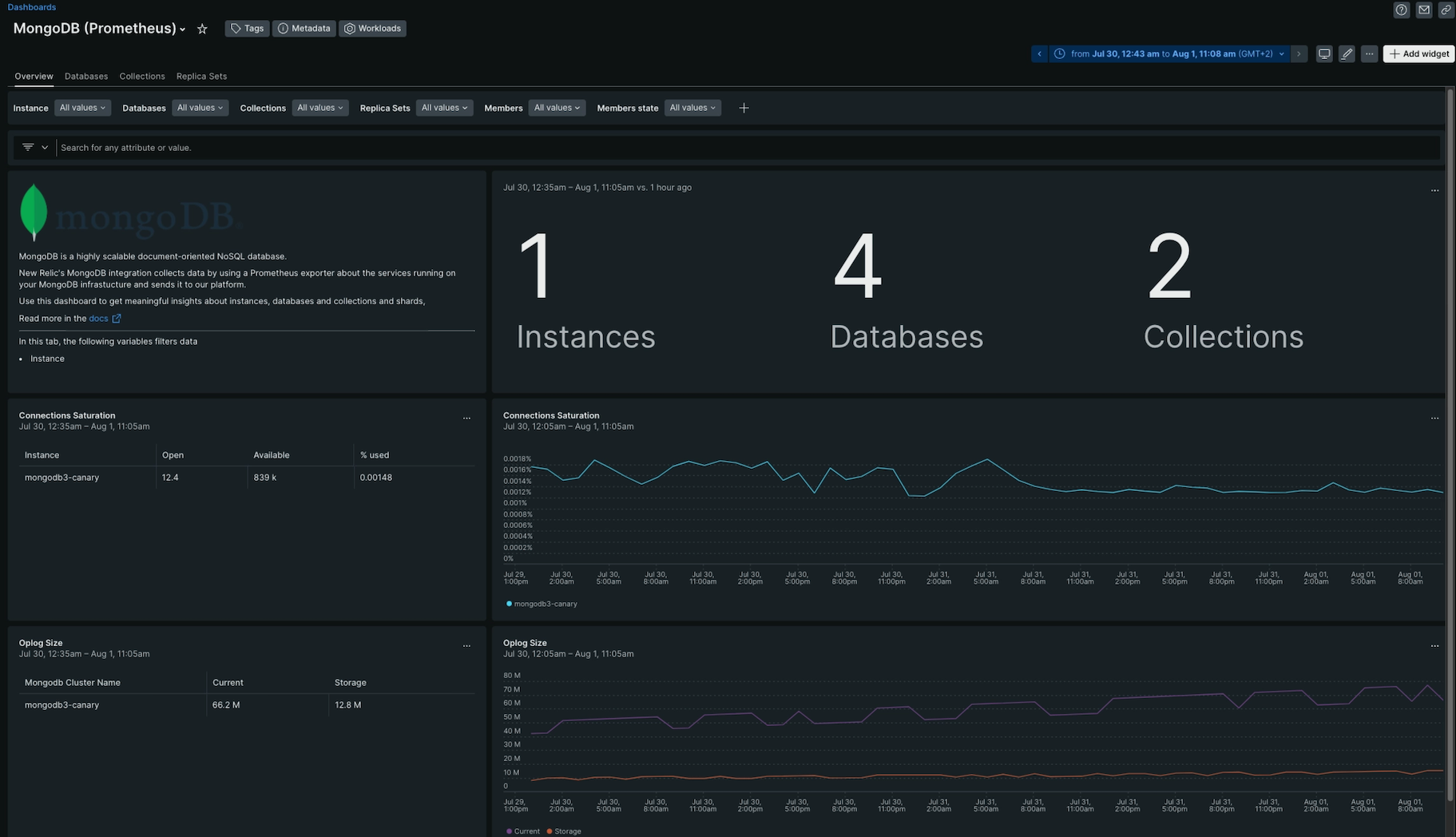 Image of the dashboard available through the MongoDB quickstart