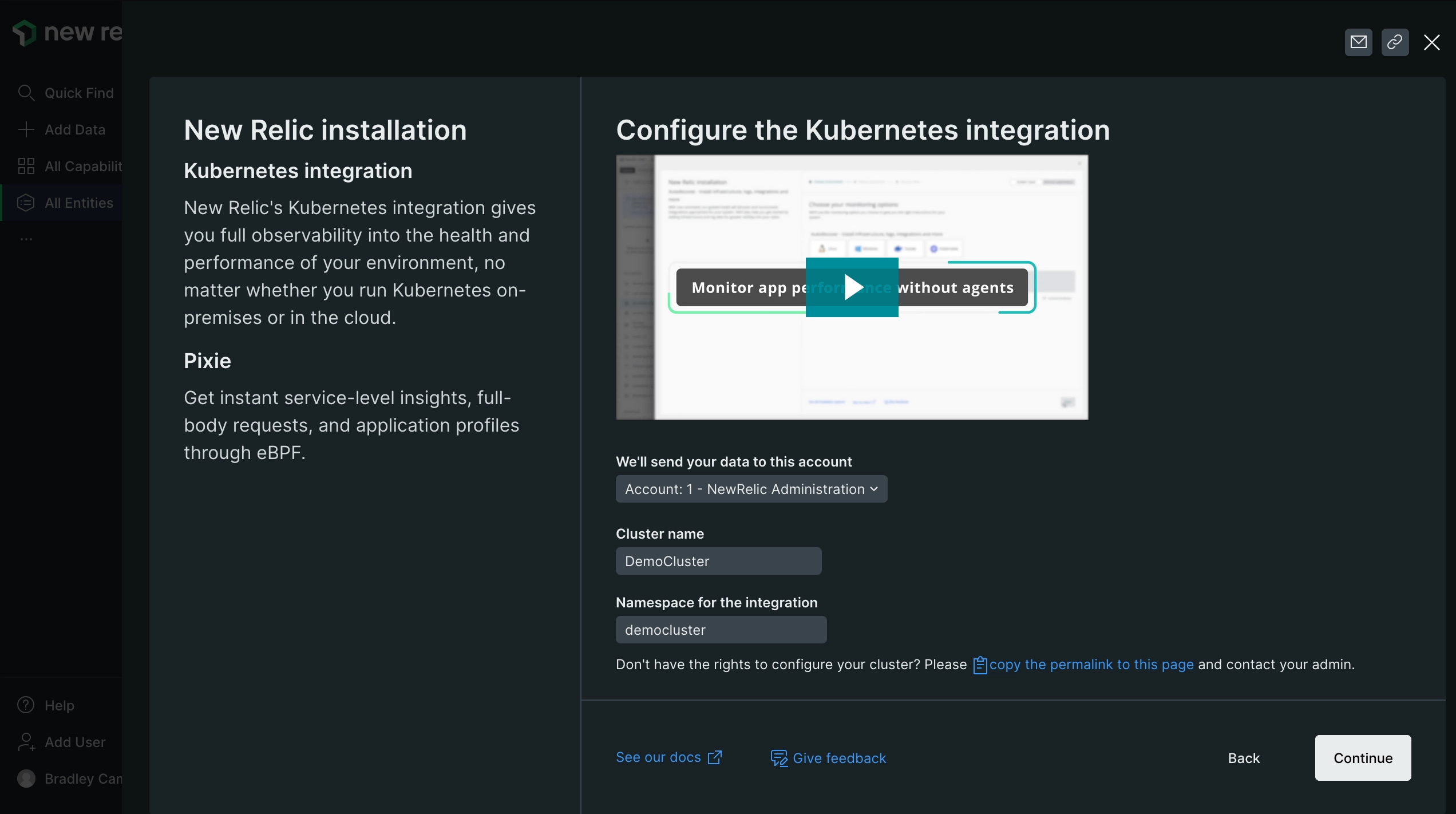 A screenshot showing guided install flow for Kubernetes in the New Relic UI.