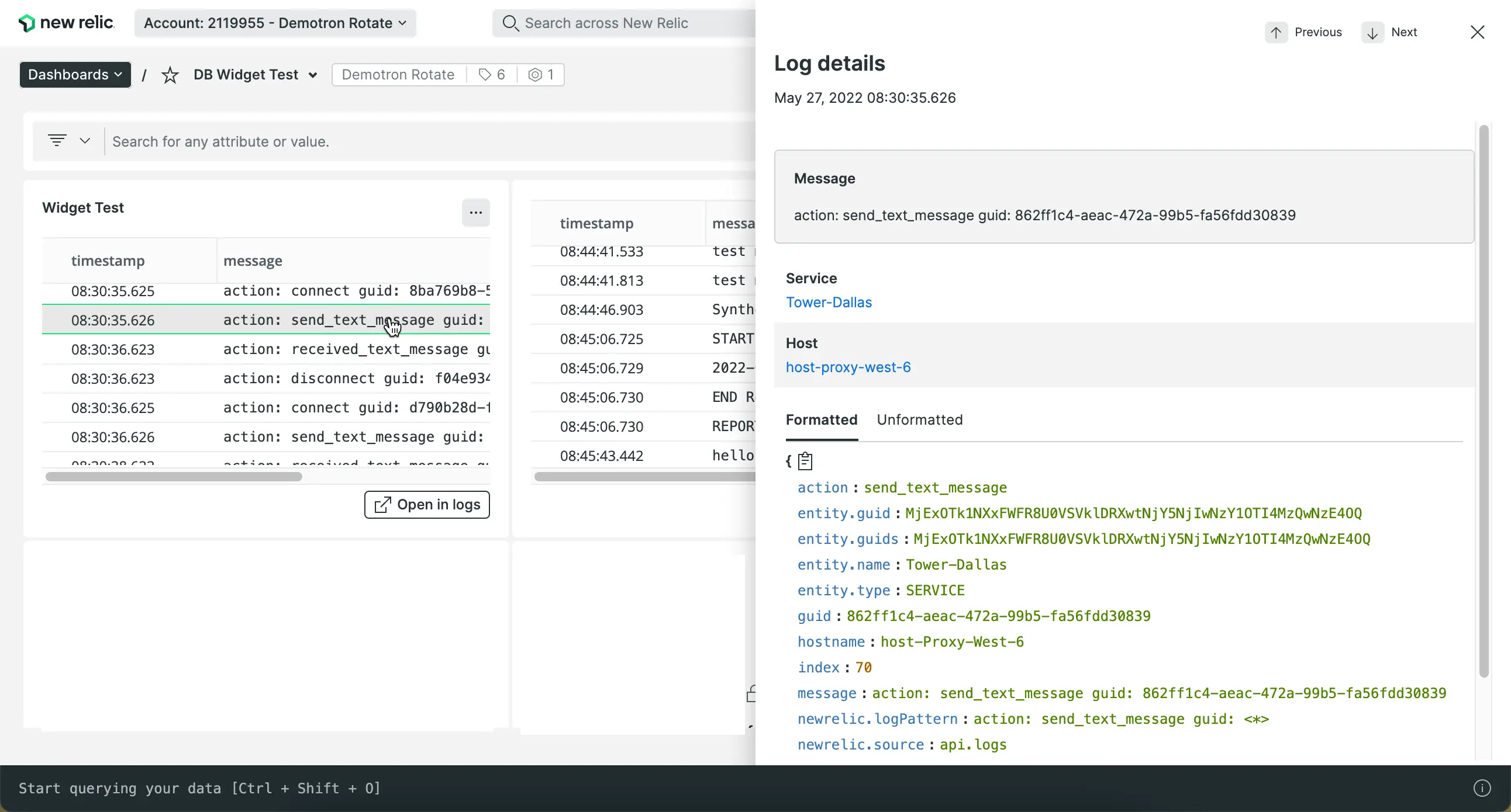 Screenshot of log tables in Dashboards UI