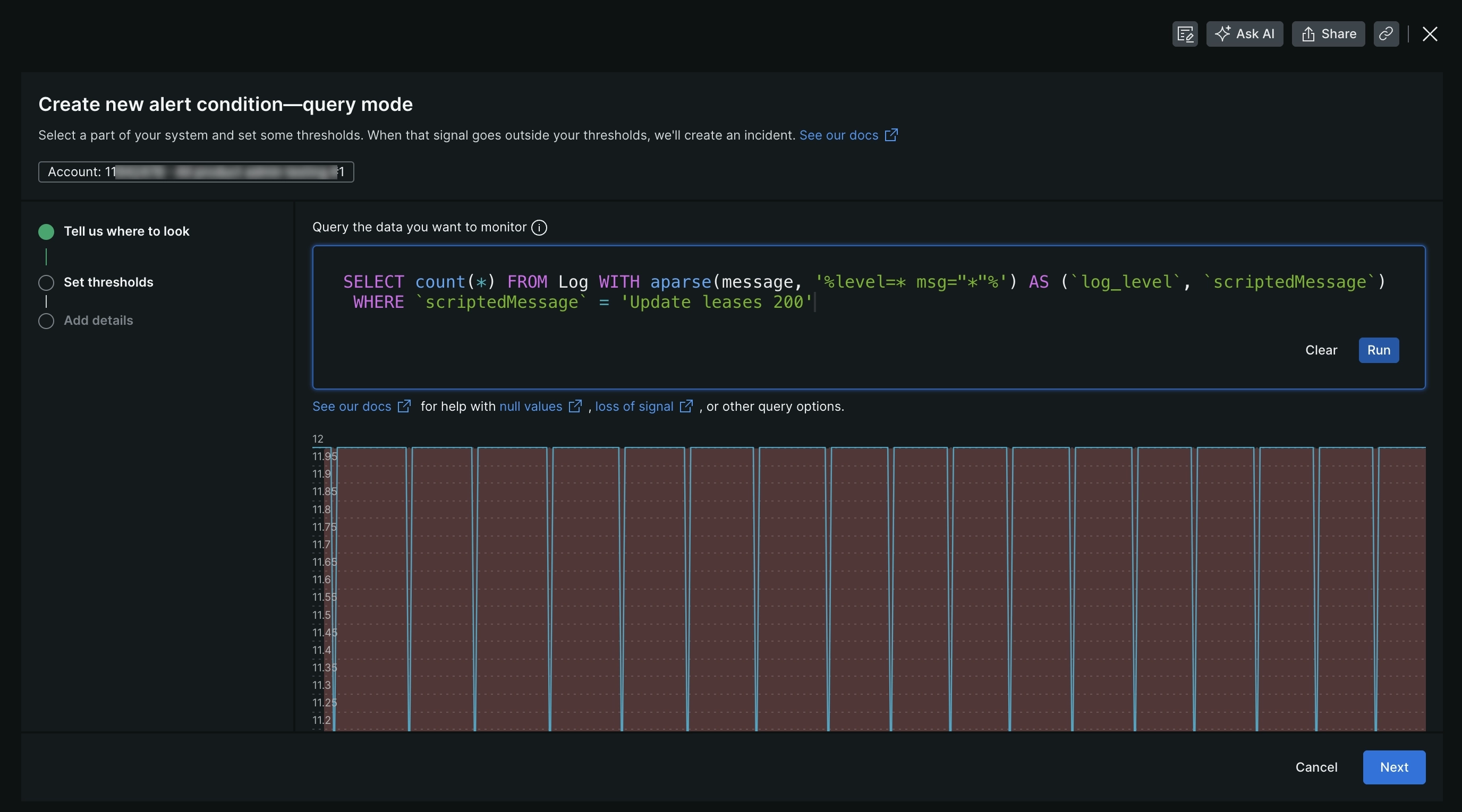 Screenshot showing the alert query builder
