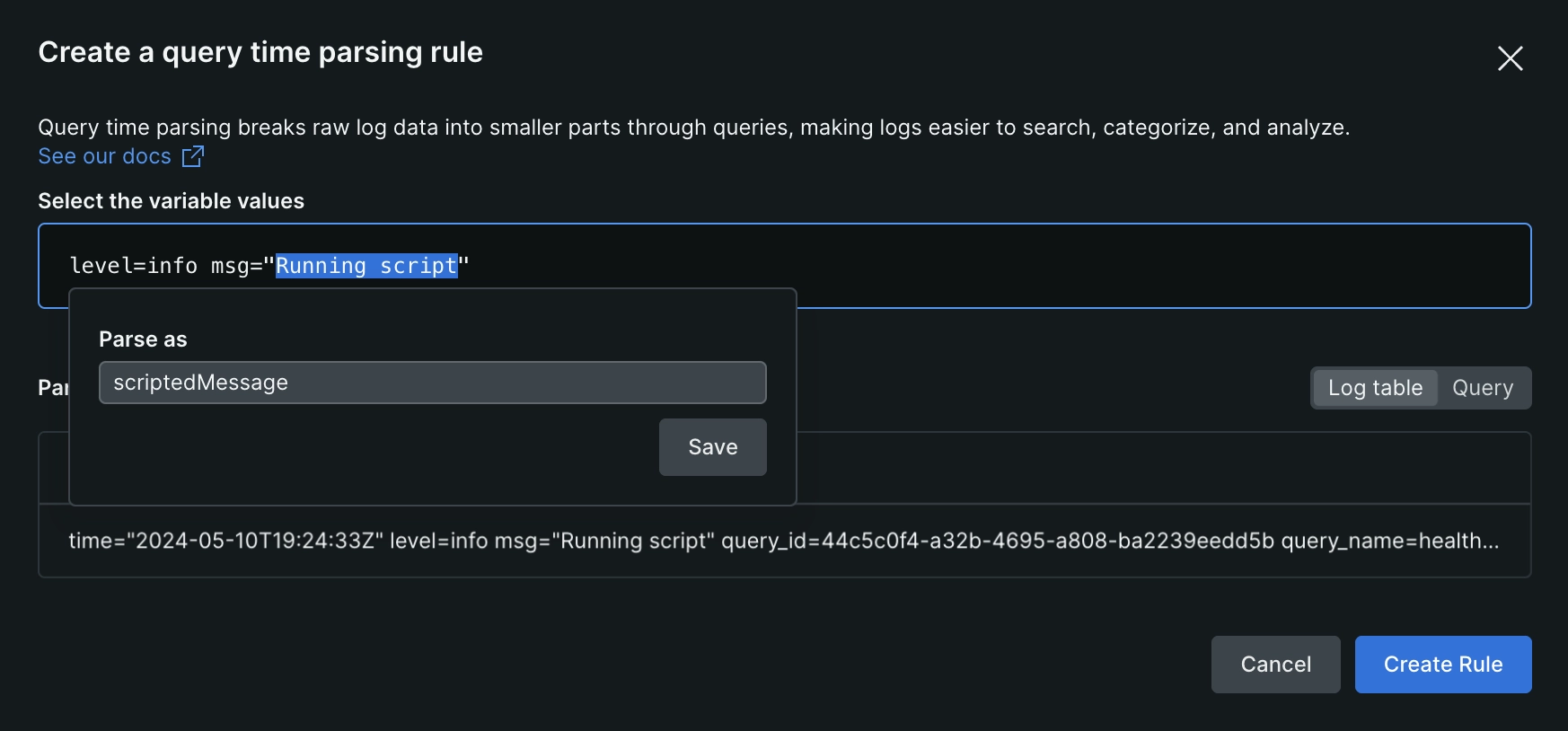 Screenshot showing how to extract values in the parser rule